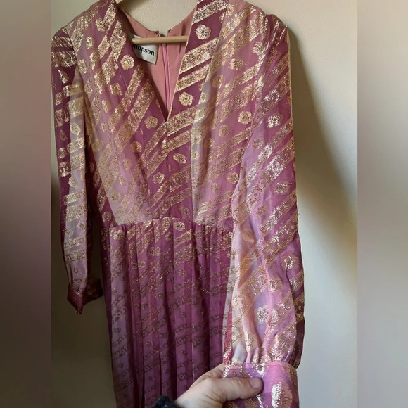 Vintage 1960s 1970s Adele Simpson Pink Metallic Chiffon Dress - Picture 9 of 16